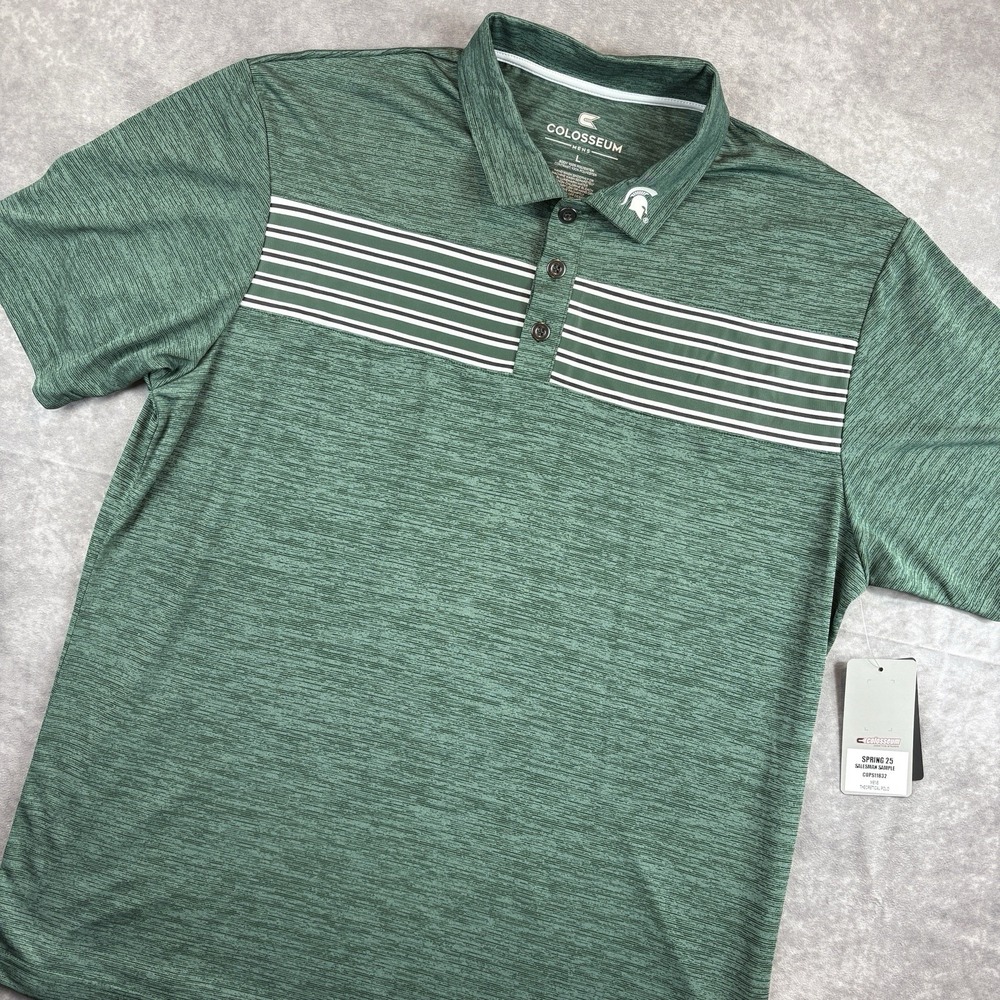 Michigan State Spartans Polo Shirt Mens L Green Striped College Sample Rare NEW